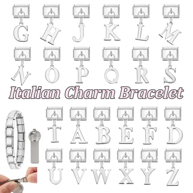 จี้ตัวอักษรสไตล์อิตาเลียน charm สแตนเลสขนาด 9 มม.สำหรับสร้อยข้อมือ DIY เครื่องประดับทำเอง