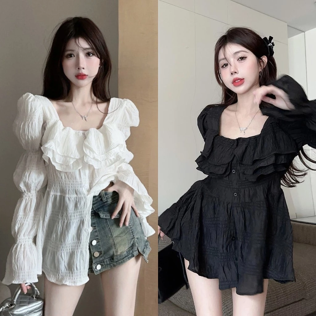 เสื้อแขนยาวแต่งอกทรงขนมชั้น น่ารักมาก สม็อกหลังยืดได้เยอะ รุ่นกระดุมแต่ง ผ้าชีฟองบาง ทรงสวยเข้ารูป แฟชั่นเกาหลี