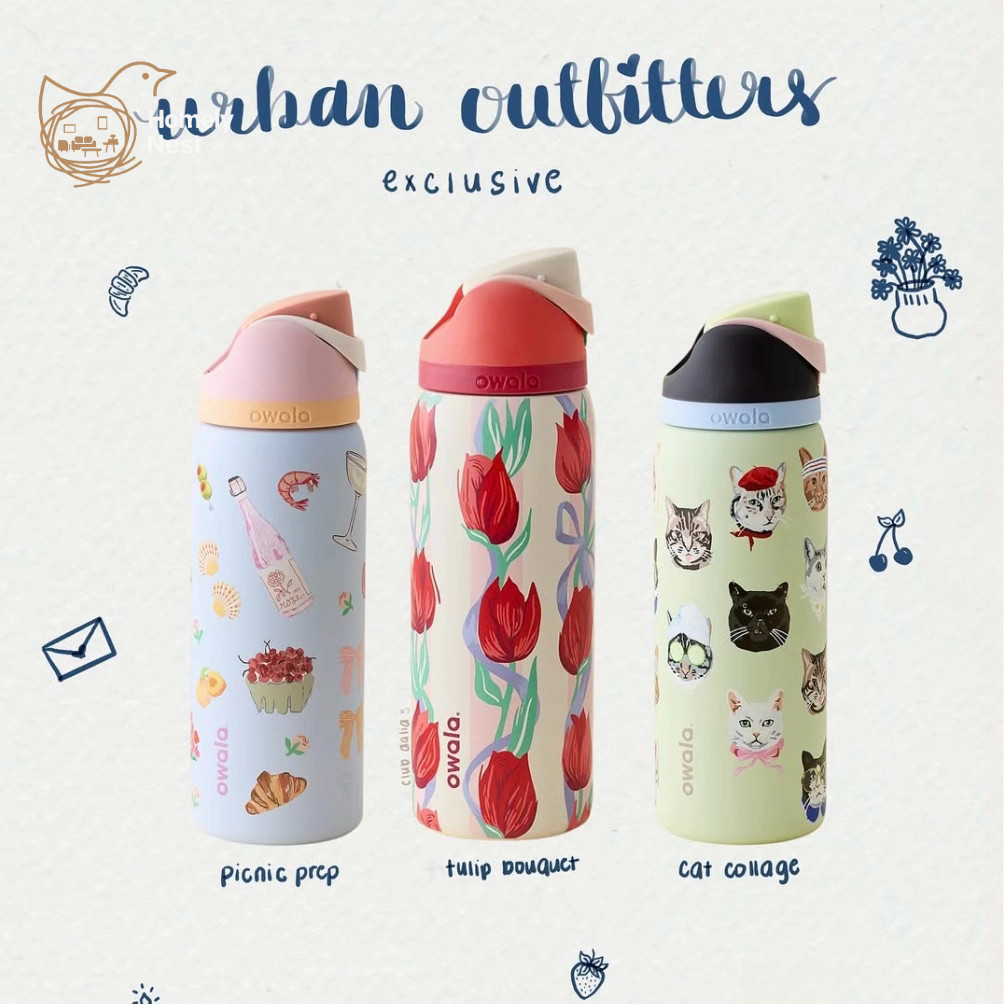 Owala x UO Limited Edition 32oz Owala FreeSip ขวดน้ําสแตนเลสน่ารักลูกแมวทิวลิปพิมพ์หลอดคู่แก้วฉนวน BPA-Free Leakproof สําหรับโรงเรียนยิมสํานักงาน