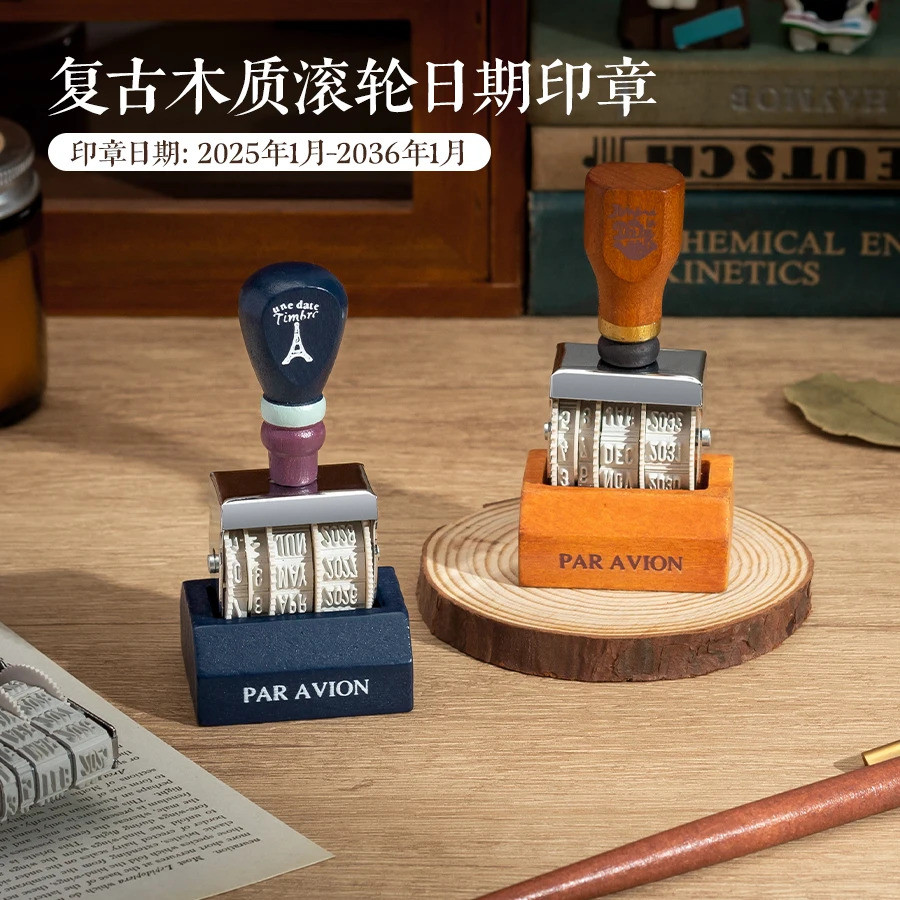 Journal GO Retro วันที่แสตมป์ล้อไม้ Rolling ปฏิทินแสตมป์สําหรับ Journaling DIY ปรับปี/เดือน/วันแสตมป์พร้อมลูกบิด