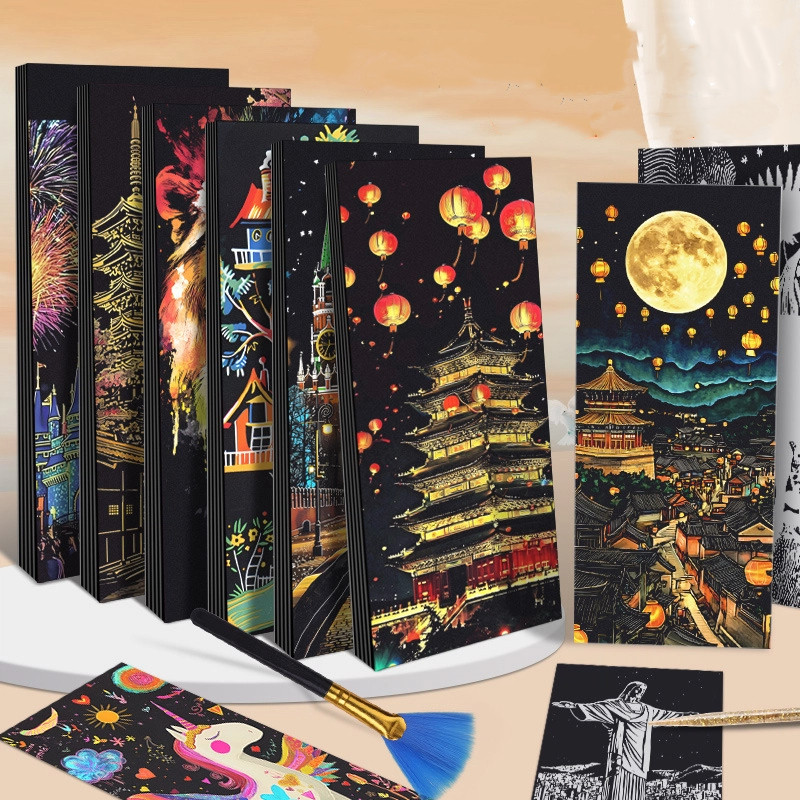 12 ชิ้น/เซ็ต DIY Scratch ภาพวาดทิวทัศน์สถาปัตยกรรมที่มีชื่อเสียงการ์ตูนสัตว์ขูดภาพวาดคู่มือ Scratch วาดของเล่นของขวัญ