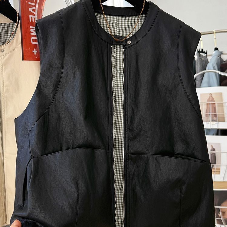 เสื้อกั๊กผู้หญิง PU หนัง แขนกุด สไตล์สตรีท สำหรับฤดูใบไม้ผลิปี 2025