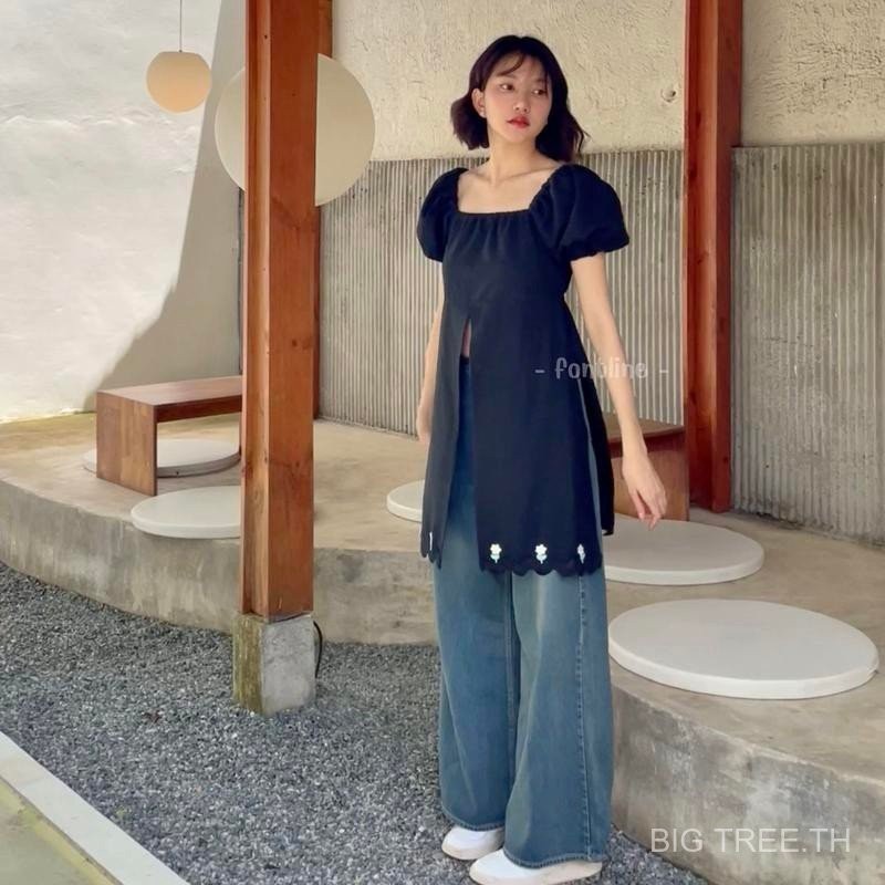 FONTLINE มินิเดรสน่ารักสุดชิค มี2ไซส์ให้เลือก เดรสแขนสั้น แขนพอง แหวก3ทาง พรางหุ่น ผ้าฝ้ายเกรดฟอกนุ่