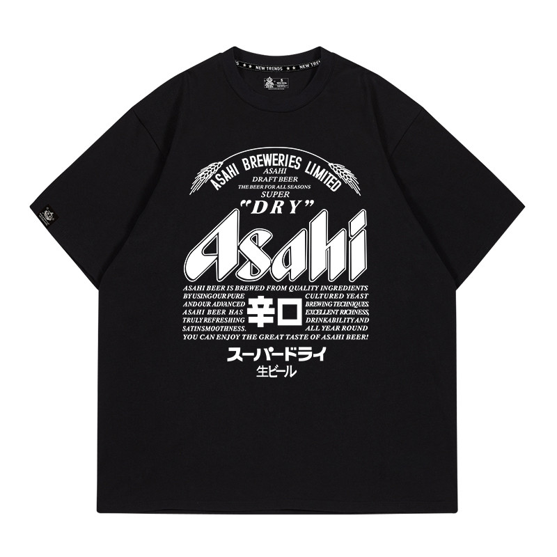 เสื้อยืดญี่ปุ่น Asahi ลายเบียร์สำหรับทั้งชายและหญิง สไตล์อเมริกันย้อนยุค ขนาดหลวม สบายในซั머