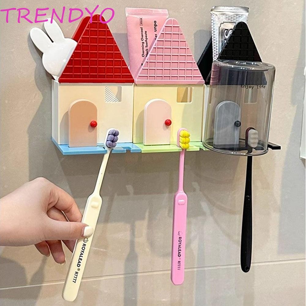 TRENDYO ผู้ถือแปรงสีฟันติดผนัง,การ์ตูนบ้านรูปร่างชั้นเก็บยาสีฟันกาวในตัว,ท่อระบายน้ําสากลประหยัดพื้นที่ตู้ทําสบู่ระบายอากาศพร้อมถ้วยบ้