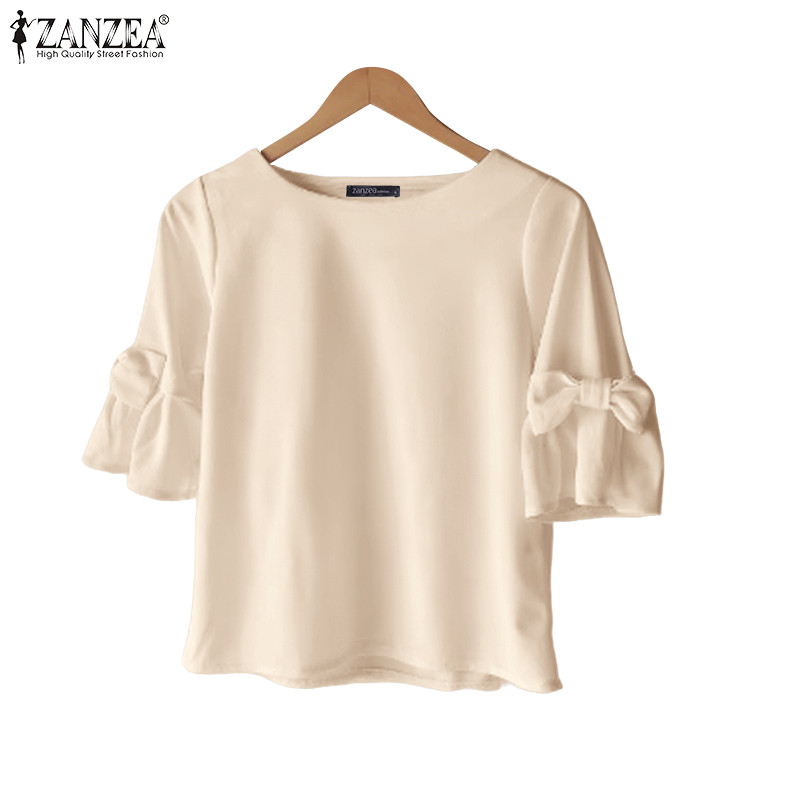 ZANZEA ข้อมือผูกโบว์สไตล์เกาหลี พร้อมเสื้อเบลาส์คอกลมทรงหลวม