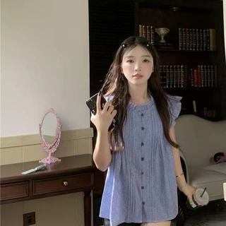 Dahong ⭐️w623 เสื้อแขนตุ๊กตาแขนสั้น ผ้าสก๊อต สีฟ้า สำหรับฤดูใบไม้ผลิ/ฤดูร้อน