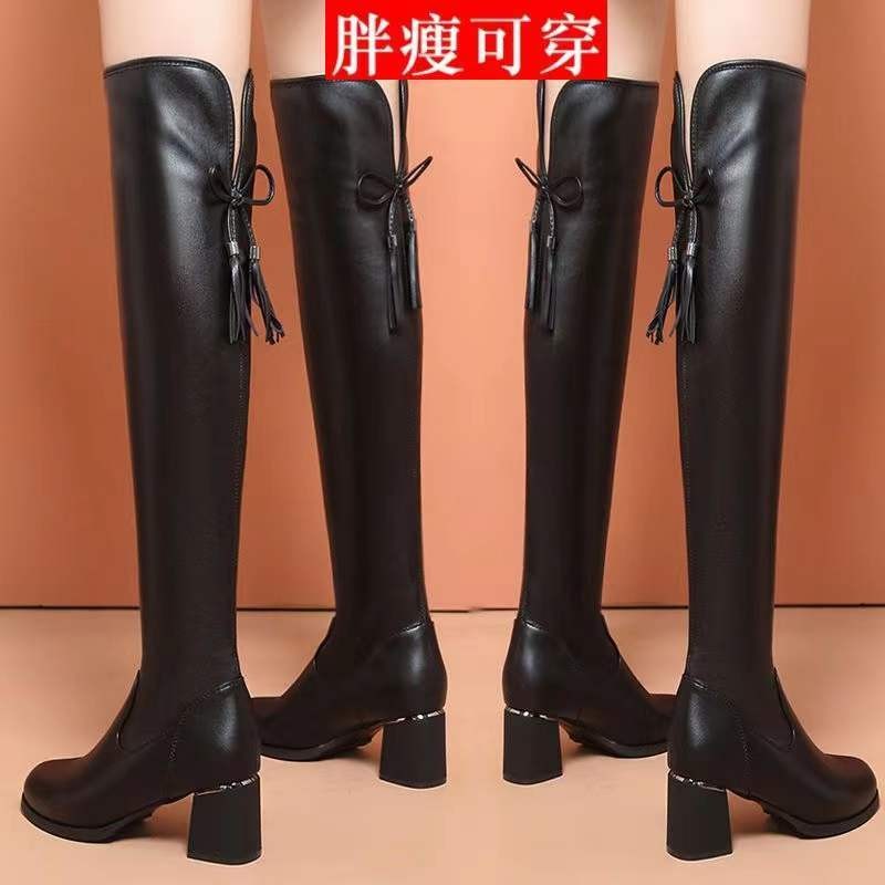 รองเท้าบูทสตรี รองเท้าบูทหนัง Over-the-Knee Round Toe Fleece Lining High-Top Knight Boots Stovepipe