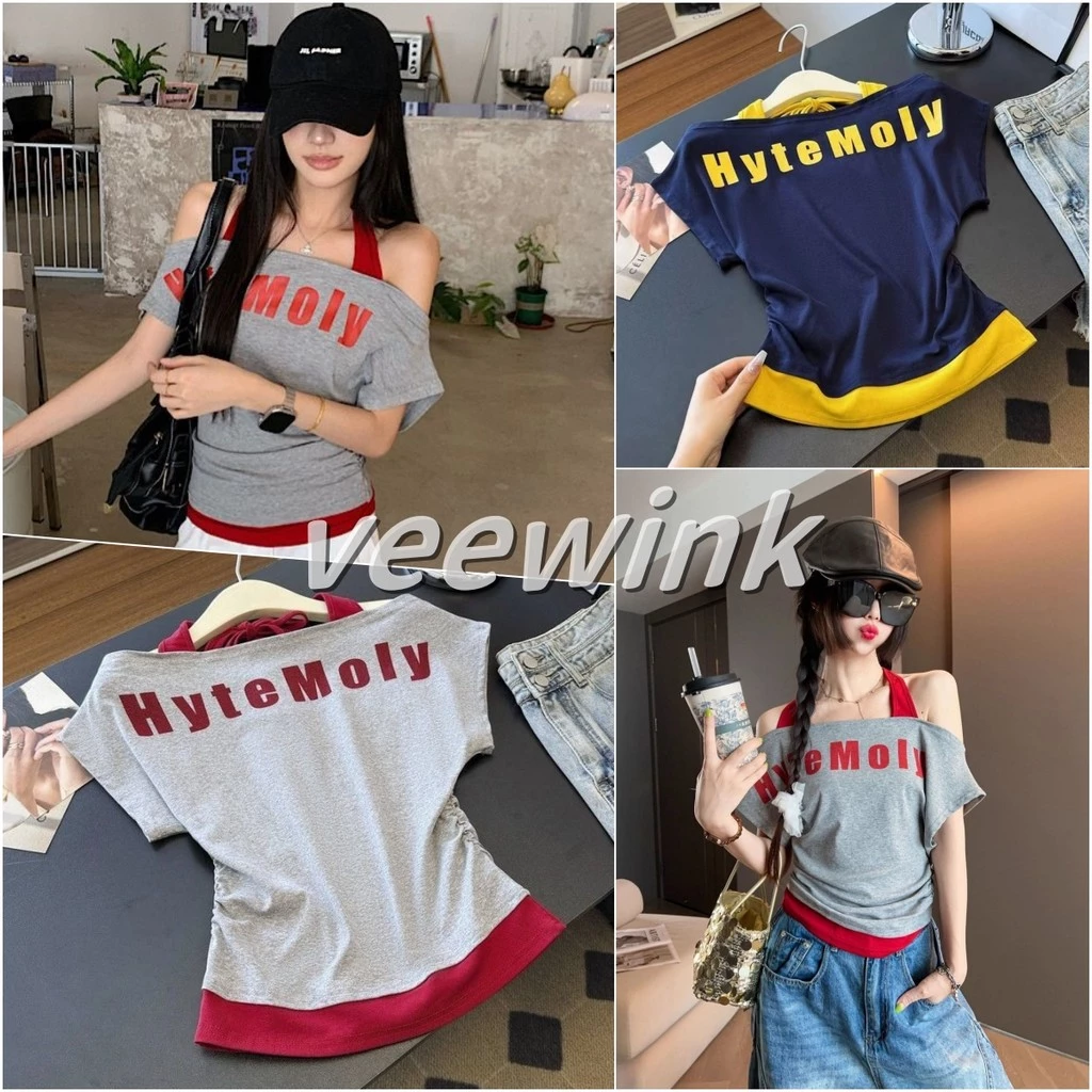 Veewink พร้อมส่งจากกทม เสื้อแขนสั้นสองชั้น ลายตัวหนังสือ ทรงเอวลอยสไตล์อเมริกัน ใส่กระชับตัว สำหรับสาวมั่นใจ