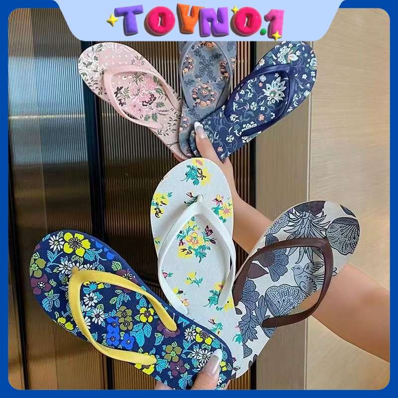 ToyNo.1 พร้อมส่ง "LT-1835" รองเท้าแตะหูหนีบ ลายดอกไม้ พื้นแบน แฟชั่นสำหรับใส่ชายหาด