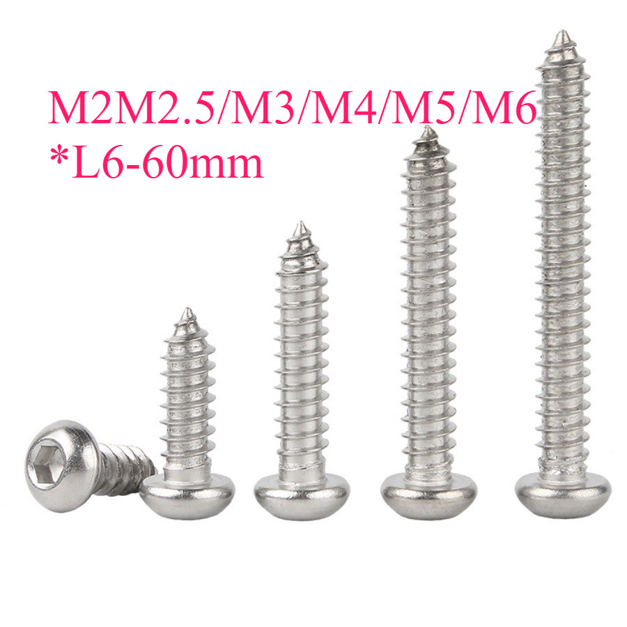 สกรูหัวปุ่มซ็อกเก็ตหกเหลี่ยม สแตนเลสเกรด 304 M2/M2.5/M3/M4/M5/M6 x L6-60mm สกรูแท็ปตัวเอง <Button he