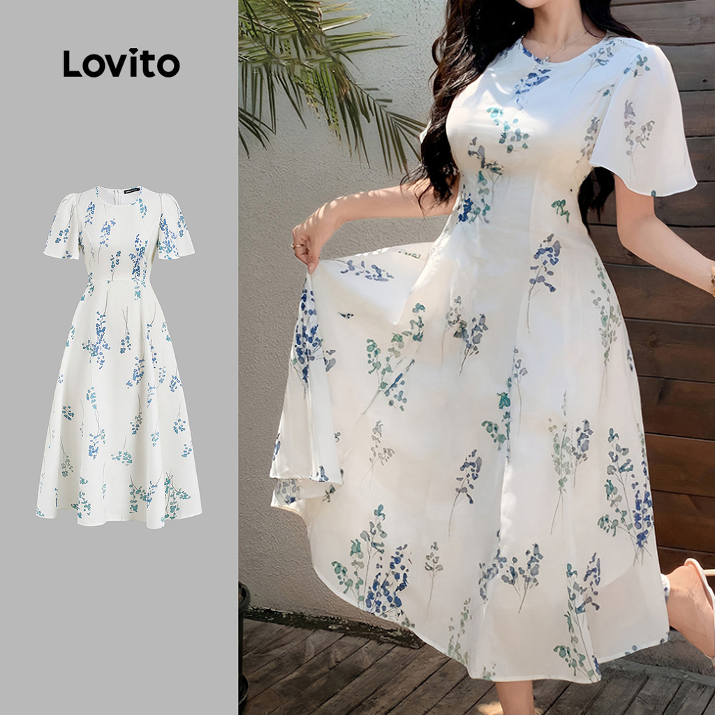 B143-AUG25-B-4-รอบคอแคบ-เอว A-Hem Simple Floral Dress-DRB143P2D148
