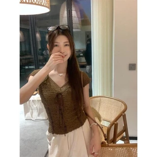 เสื้อแขนสั้น ฤดูร้อน ผู้หญิง สลิม เสื้อยืด ลูกไม้ขึ้น คอวีเสื้อตัวบนและเสื้อเชิ้ต
