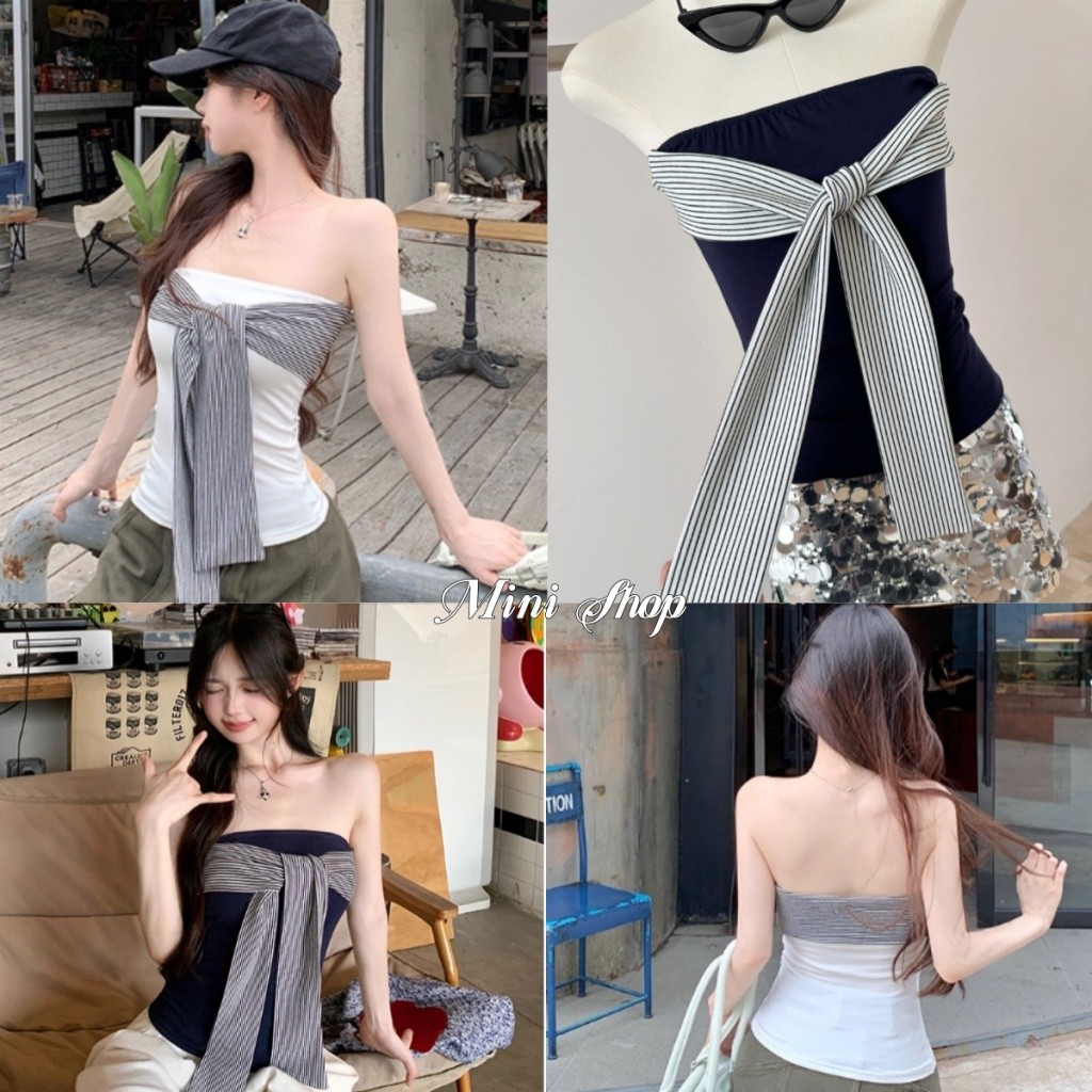 Mini shop🌸พร้อมส่ง🌸(FY5561)เสื้อเกาะอกเสริมฟองน้ำ มินิมอล สีพื้น ดีเทลแต้งโบว์ลายทาง เสื้อแฟชั่น