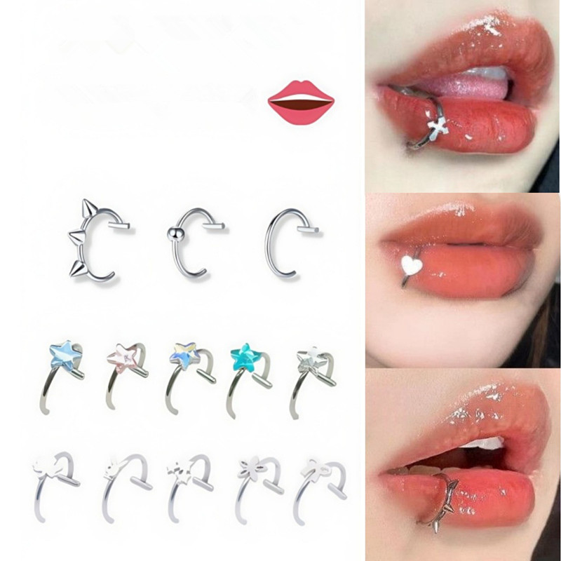 แหวนสแตนเลสสำหรับจมูกและริมฝีปาก แบบ hoop septum และ C clip สำหรับผู้หญิง ไม่จำเป็นต้องเจาะ