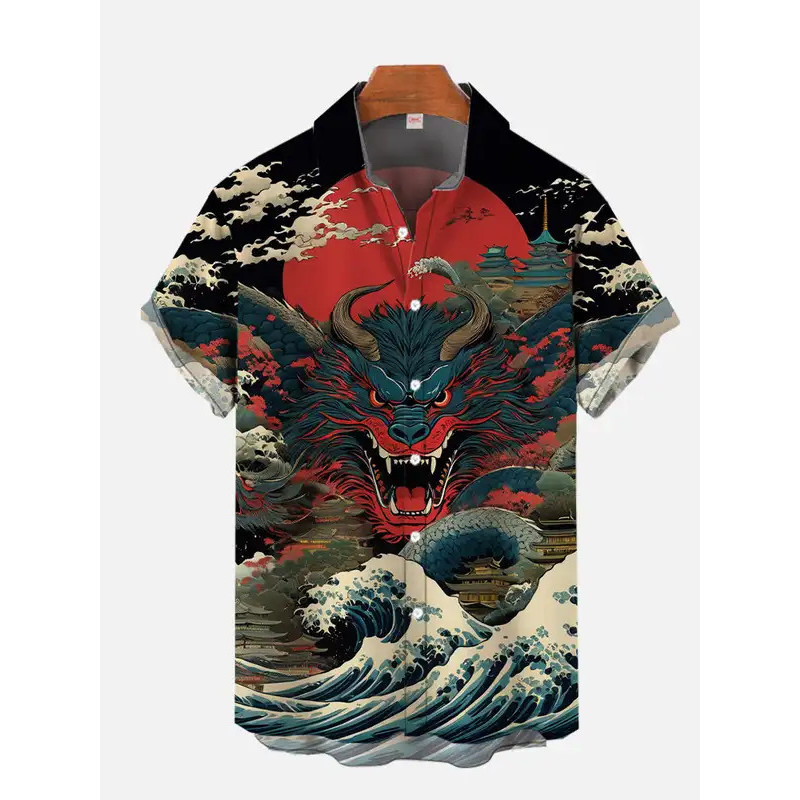 เสื้อเชิ้ตพิมพ์ลายมังกร สไตล์ฮาวายแขนสั้น เหมาะสำหรับสวมใส่ทุกวัน