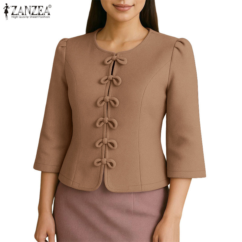 เสื้อแซนเซียสไตล์เกาหลีหรูหราสำหรับผู้หญิง แขนยาว 3/4 และกระดุมหน้าอก