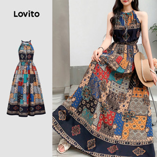 Lovito ชุดเดรสสไตล์โบฮีเมียนพิมพ์ลายสไตล์ชาติพันธุ์ เดรสฤดูใ…