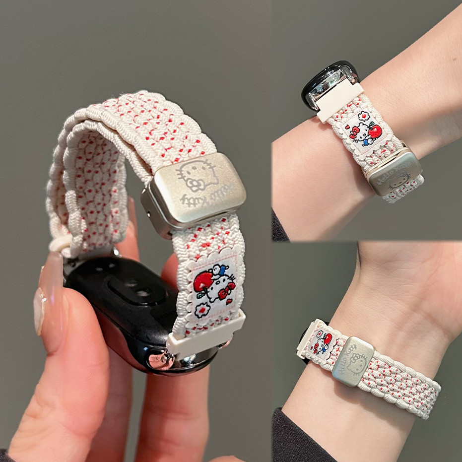 Hello KT ไนลอนถักน่ารักสําหรับ Xiaomi Smart Band 10 9 8 Smartwatch Band สายรัดข้อมือ Xiaomi Mi Band 10 สายรัดแม่เหล็กอุปกรณ์เสริม