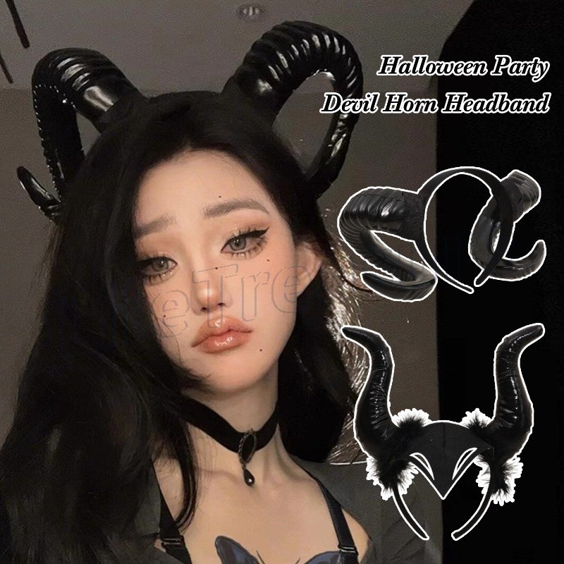 [ตกแต่งฮาโลวีน] ที่คาดผมเขาแกะจำลอง - อุปกรณ์คอสเพลย์และตกแต่ง ผมห่วงแตรปีศาจสีดำ