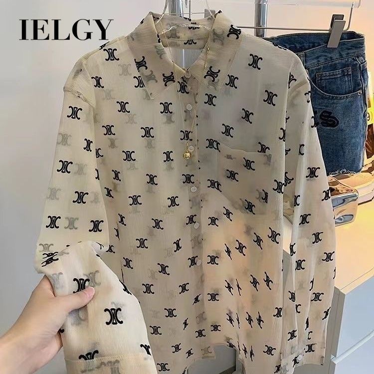 IELGY เสื้อเชิ้ตแขนยาวพิมพ์ลายผู้หญิงบางหลวมสบายๆด้านบน