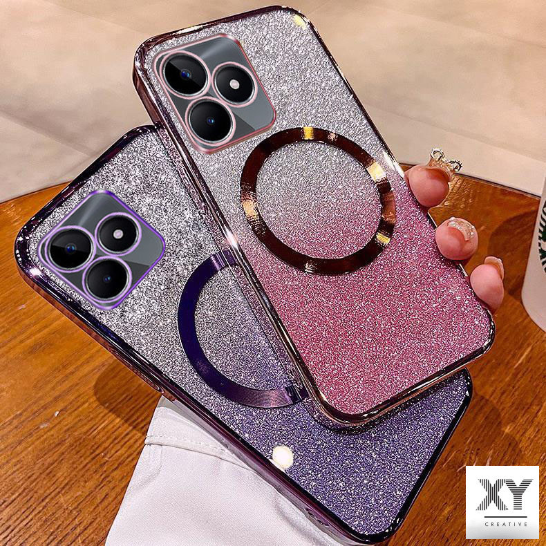 เคส Realme C61 C63 Note 50 12 C65 C55 C53 C51 C12 C15 C25 C25S C21Y C25Y C30 C30S C33 C35 C11 2021 เคสโทรศัพท์กลิตเตอร์ชุบหรูหราพร้อมแม่เหล็กดูดและเลนส์ป้องกันการตกสําหรับครอบคลุมเต็มรูปแบบ
