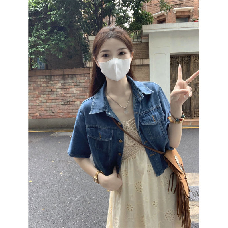 Coco~เสื้อยีนส์ แขนสั้น รุ่นสั้น แฟชั่นสไตล์เรียบง่าย เวอร์ชั่นเกาหลี