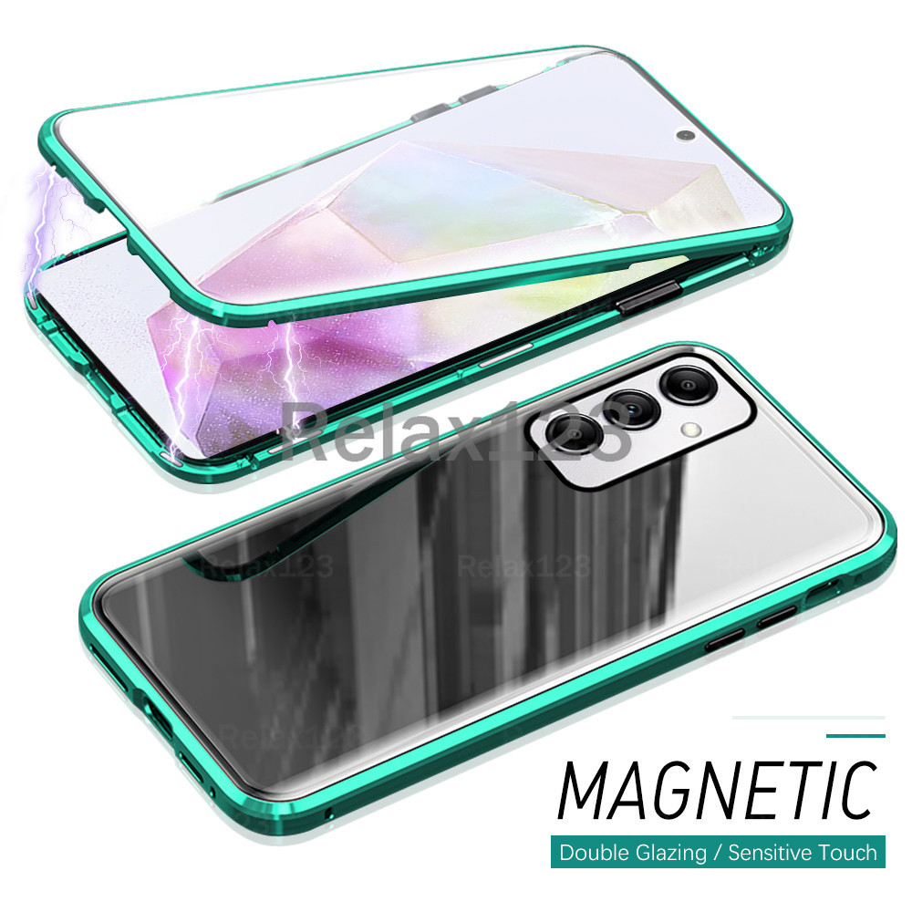 สําหรับ Samsung Galaxy A55 5G A35 A15 5G 4G A54 A34 A24 A14 A13 A73 ปลอก 2024 ด้านหน้า + กระจกด้านหลังกรอบโลหะเคสโทรศัพท์ 360 Magnetic Flip Double Side Protection ฝาหลัง