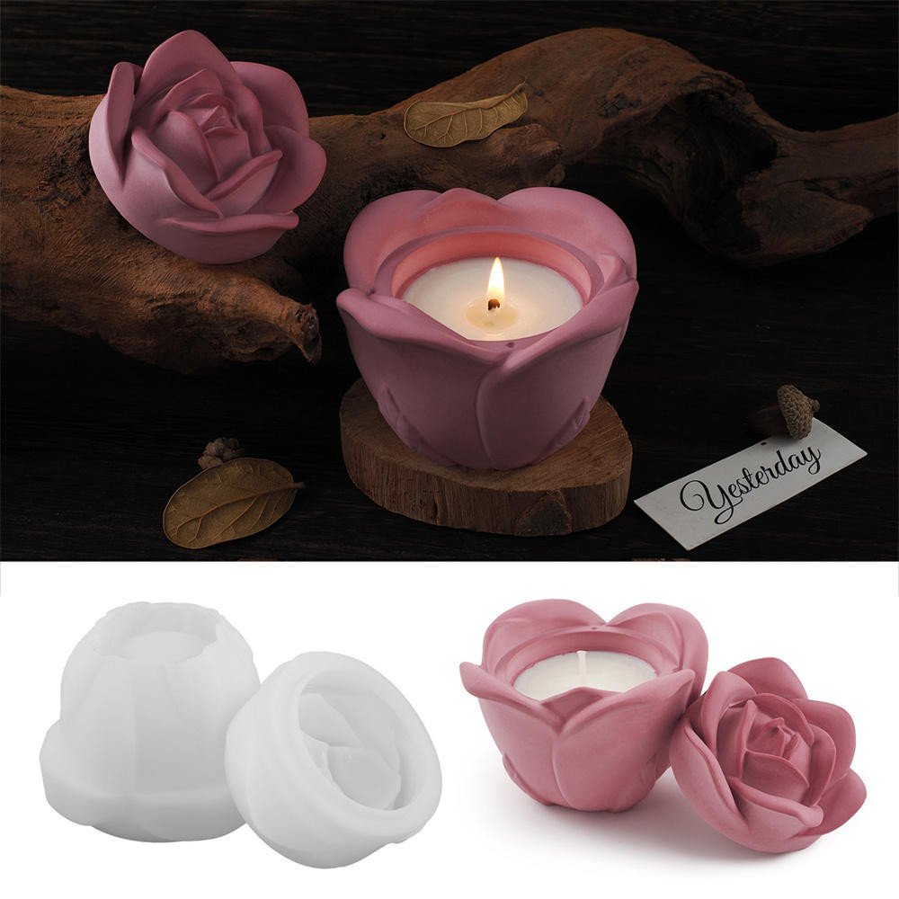 Rose กล่องเก็บแม่พิมพ์ซิลิโคน DIY พร้อมฝาปิดขวดเทียนหัตถกรรมทําปูนปลาสเตอร์เรซิ่นดอกไม้เชิงเทียนหล่อแม่พิมพ์ตกแต่งบ้าน