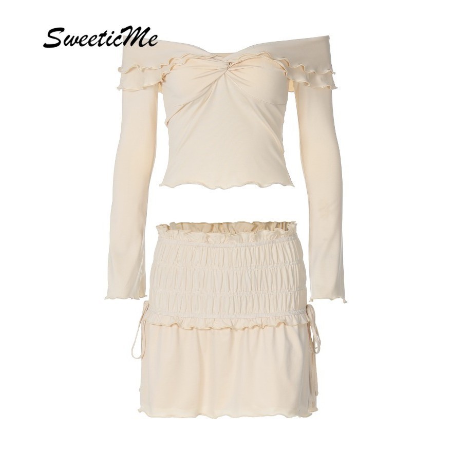 Sweeticme ผู้หญิง 2024 ใหม่แฟชั่นเซ็กซี่ปิดไหล่แขนยาว Knot Slim Fit ชุดกระโปรงมินิ