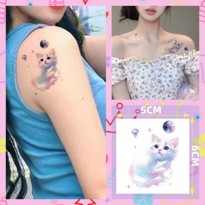 รอยสักลายลูกแมวเพชรแขนสาวน่ารักสติกเกอร์รอยสักกันน้ําติดทนนาน 7 วันรอยสักวันหยุดชั่วคราว