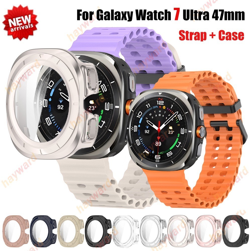 เคสแก้วพีซี + สร้อยข้อมือซิลิโคนสําหรับ Samsung Galaxy Watch 7 Ultra 47 มม.สายกีฬาสําหรับ Galaxy Watch Ultra NO Gaps Ocean Soft Loop โค้ง End Band + ป้องกันหน้าจอ