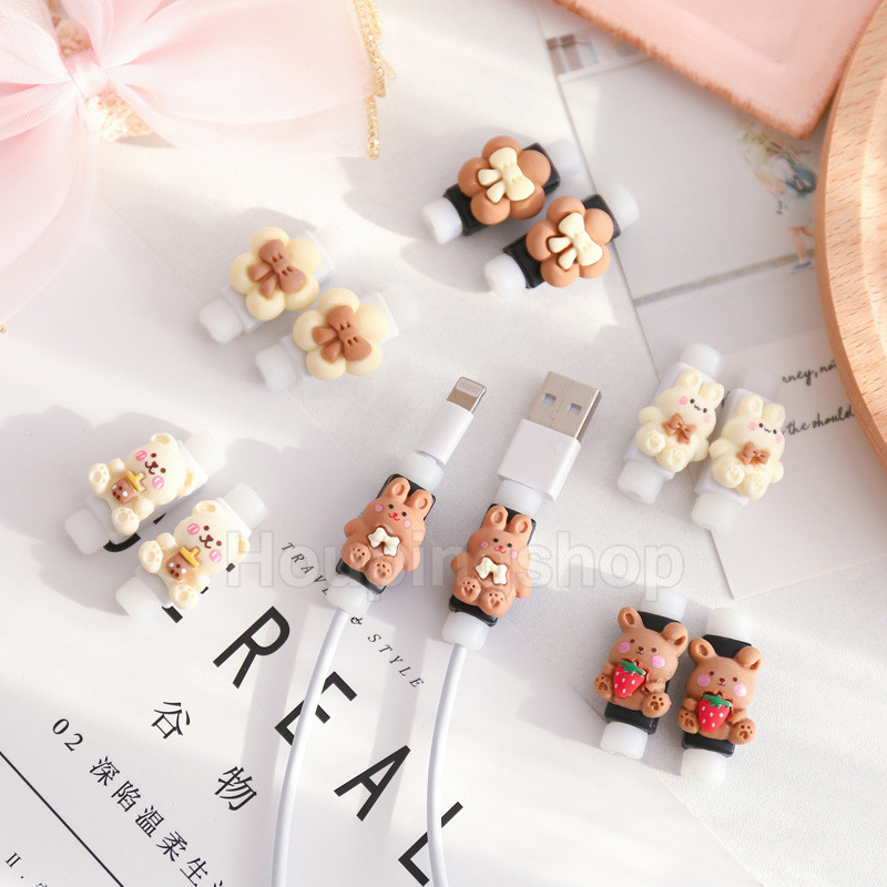 พร้อมสต็อก นมสีกาแฟสายเคเบิลข้อมูลแขนป้องกันการ์ตูนน่ารักโทรศัพท์มือถือสายชาร์จป้องกันการแตกหักป้องกันสายหูฟัง