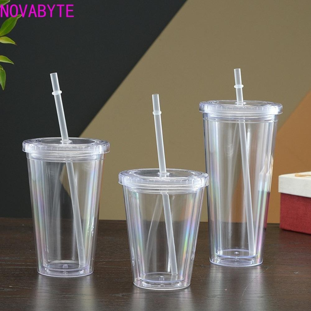 ขวดน้ํา NOVABYTE, สองชั้น 350/450/650ml แก้วน้ําใส, พลาสติก Househo พร้อมฝาปิดและฟางถ้วยกาแฟเย็นใสนม