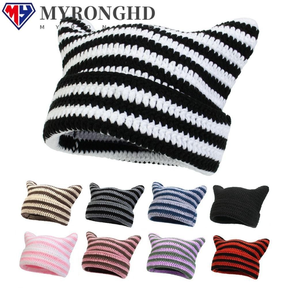 Myronghd หมวกบีนนี่ญี่ปุ่น, หูแมวน่ารัก Y2K Harajuku Ins Little Devil หมวกลาย, แฟชั่น Punk Gothic Keep Warm Skullies หมวกผู้หญิง