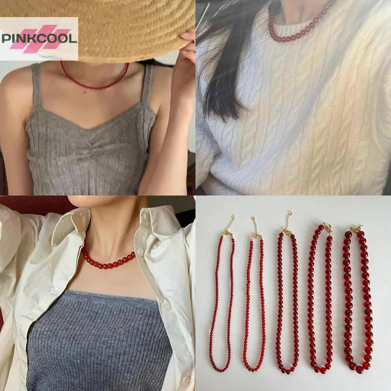 Pinkcool แฟชั่นประณีตอาเกตสีแดงหินธรรมชาติรอบลูกปัดสร้อยคอผู้หญิงสาว Light Clavular Chain เครื่องประดับอุปกรณ์เสริม HOT