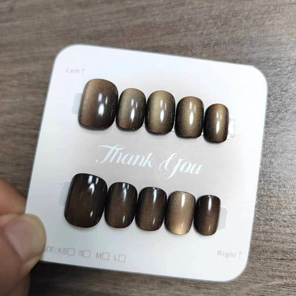 10pcs Cat Eye Handmade กดบนเล็บเล็บปลอมพร้อมสติกเกอร์กาว M080
