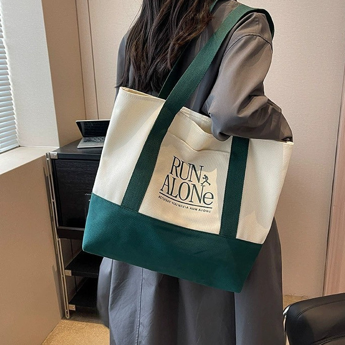 ifashionbag(IF2104) กระเป๋าผ้าแคนวาสสะพายไหล่ ใบใหญ่ มีช่องใส่ของด้านหน้าRUN