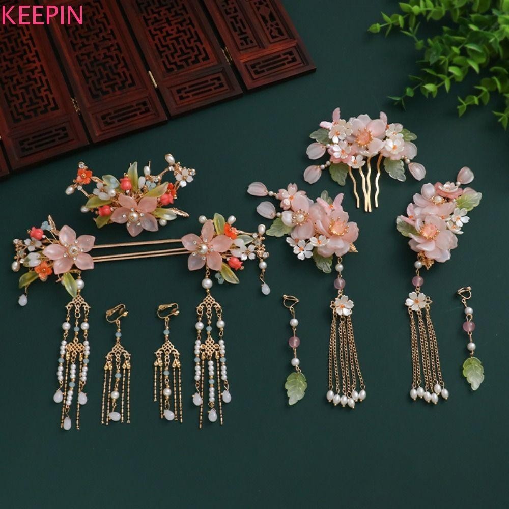 Keepin ชุดกิ๊บสไตล์จีน, ดอกไม้พู่ Hanfu Hair Stick, สไตล์โบราณต่างหูมุกเครื่องประดับผมส้อม Cheongsam