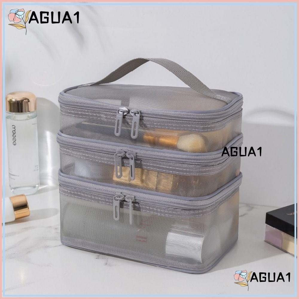Agua1 กระเป๋าเครื่องสําอางสําหรับเดินทาง, ที่เก็บของความจุขนาดใหญ่ Make Up Organizer Bag, ตาข่ายโปร่งใสแบบพกพา 1/2/3 ชั้นกระเป๋าแป้งผู้หญิง