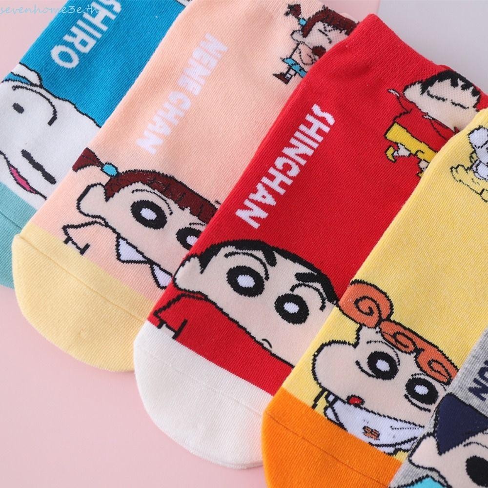 Sevenhome3e 5 คู่เครยอนชินจังถุงเท้าผ้าฝ้าย,สุนัขพิมพ์ถุงเท้าข้อเท้าสั้น,หวานPatchworkอะนิเมะหญิงHosieryผู้หญิงถุงเท้าการ์ตูนLady
