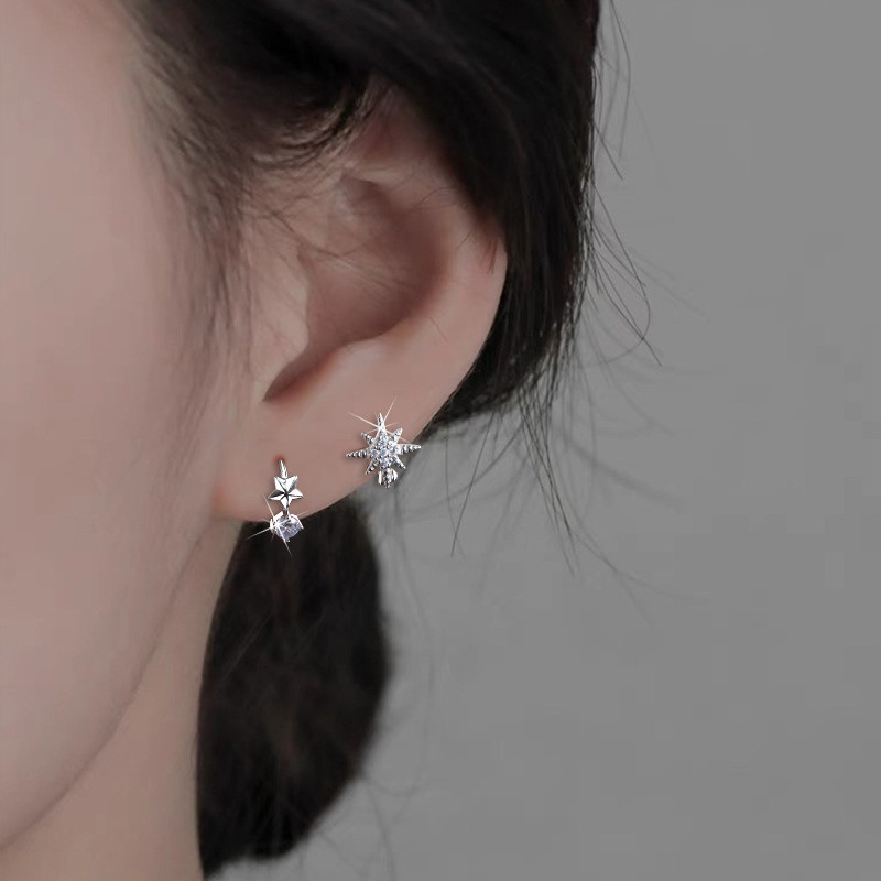 เพทายซ้อนรูปดาววงกลมต่างหูห่วงสําหรับผู้หญิงชุดต่างหูเจาะสําหรับเด็กชุดต่างหูทองคําขาวทุกวันสไตล์หวานอุปกรณ์เสริมเครื่องป