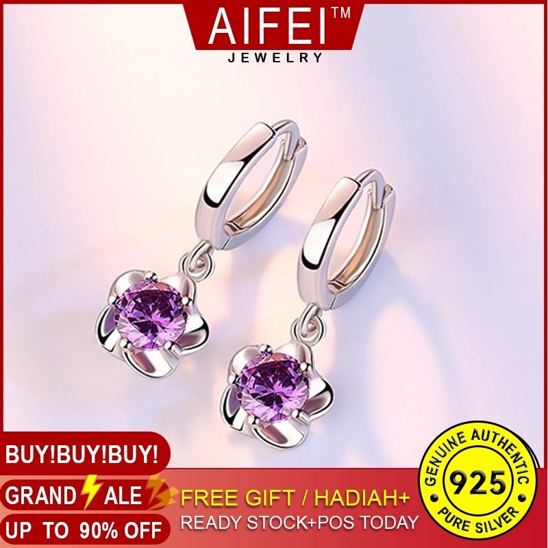 AIFEI JEWELRY ผู้หญิง แท้ 925 พลอยสีม่วง ห่วง เครื่องประดับ เงิน เครื่องประดับ ต้นฉบับ หนีบ ตุ้มหู เกาหลี ต่างหู Silver ดอกโบตั๋นที่เรียบง่าย แฟชั่น E349