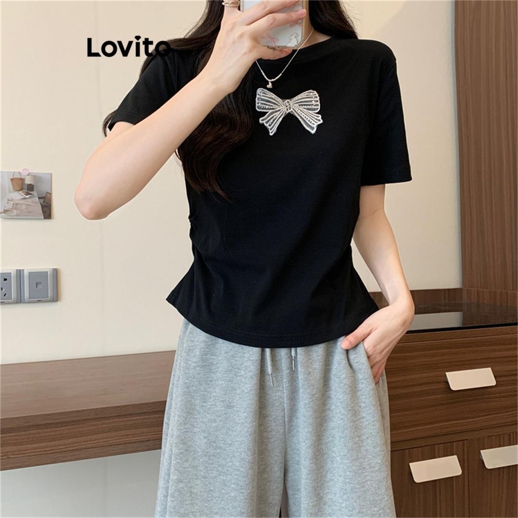 Lovito เสื้อยืดลายธรรมดาสำหรับผู้หญิง LNE74107