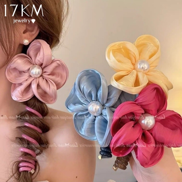 17กม ดอกไม้สายโทรศัพท์ผูกผมสําหรับผู้หญิงอุปกรณ์ผมมุกที่สง่างามยืดหยุ่นริบบิ้นคาดศีรษะ ยางรัดผม หางม้า
