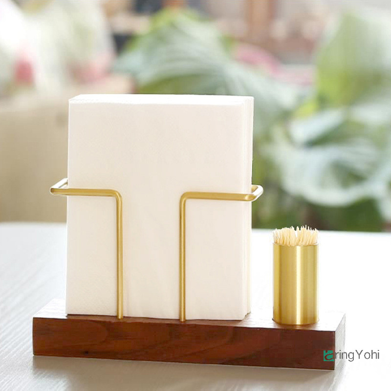 Aringyohi] Desktop Organizer อุปกรณ์บนโต๊ะอาหารไม้ผู้ถือกระดาษทิชชูผู้ถือผ้าเช็ดปากทองเหลืองกล่องกระดาษทิชชูเก็บกล่องไม้จิ้มฟันใหม่
