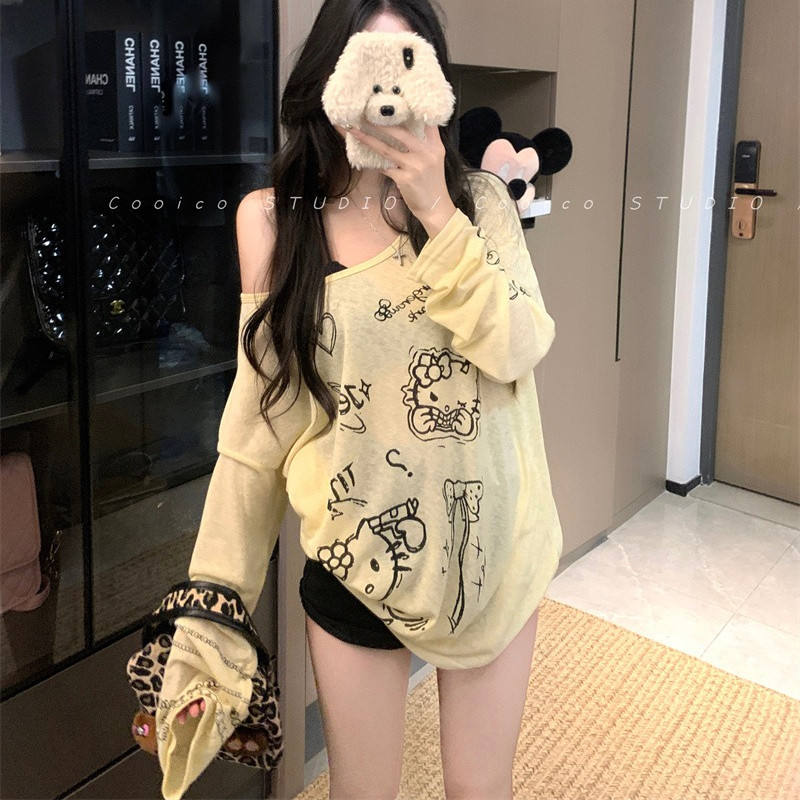 ผู้หญิงฤดูร้อนคิตตี้แมวพิมพ์บางแขนยาวหลวมท็อปส์