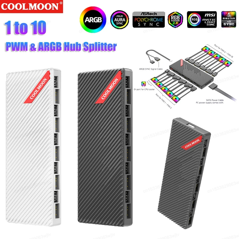 Coolmoon AM10 ARGB Fan Hub 10Port 4pin PWM+3pin 5V M/B Sync