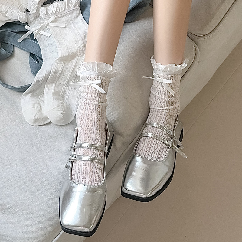 ถุงเท้าผ้าฝ้ายลูกไม้สีขาวผู้หญิงญี่ปุ่น Jk Girl Bow Mid Tube Socks