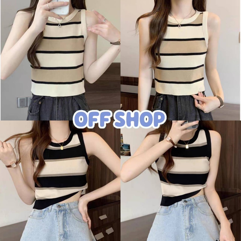 OFF SHOP พร้อมส่ง (OFF-Y6611) เสื้อกล้ามครอปไหมพรม คอกลม ดีเทลลายทาง เกาหลีสไตล์ ยืดพอดีตัว